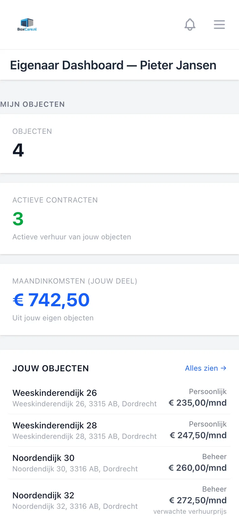 Eigenaarsdashboard op een telefoon